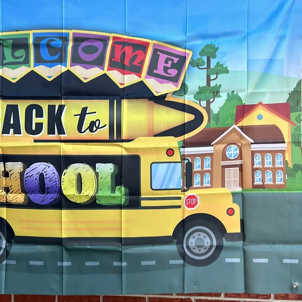 Welcome back to school bus backdrop, 5 x 3, Red blue purple, yellow green orange